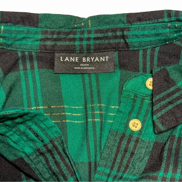 Lane Bryant Plaid Tie-Waist Button Down Tunic Top Green Gold Shimmer 22/24 Soft - Picture 5 of 16